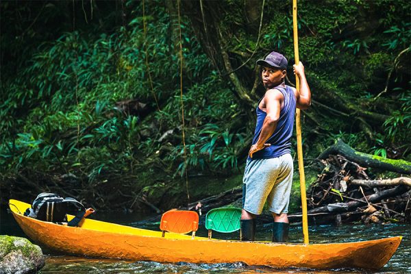 Riverboat man navigating the waters of Tutunendo, Colombia, with a traditional wooden boat against a backdrop of dense foliage