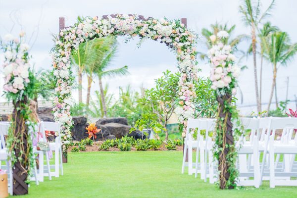 A beautifully decorated wedding venue at Koloa Landing Resort