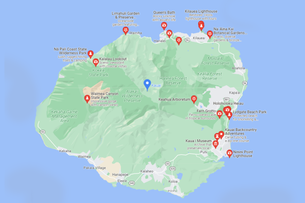 Close-up of a detailed map of Kauai